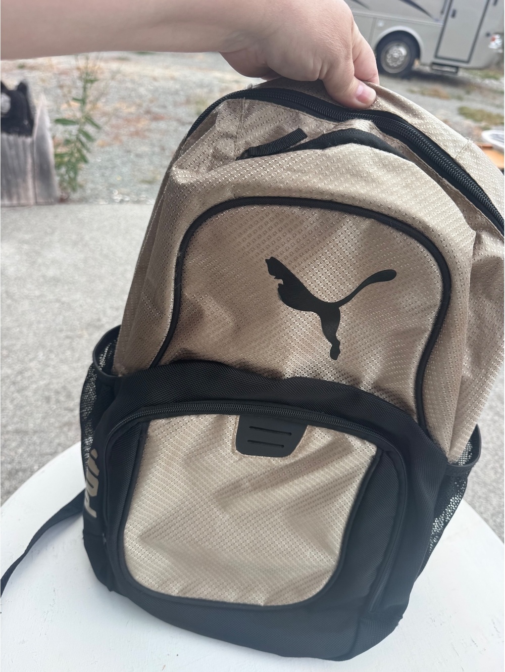 PUMA Backpack Tan Gold Black Multi Pocket School Travel Bag Logo Wear